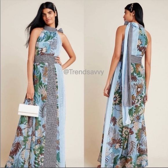 BHLDN Dresses & Skirts - BHLDN Sachin & Babi Kimora Floral Metallic Halter Neck Maxi Dress Blue 2 NWT